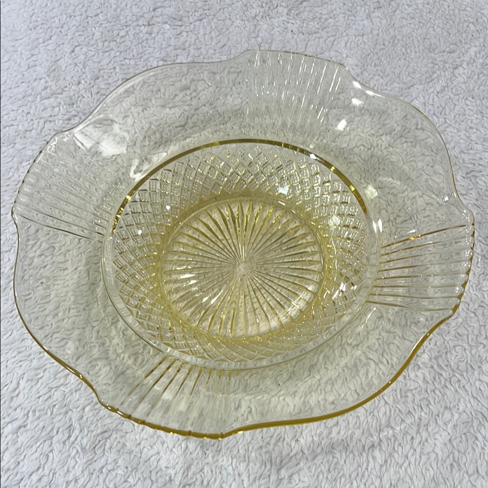Vintage Lancaster Topaz Yellow Depression Glass Bowl, Approx 11”x 11”